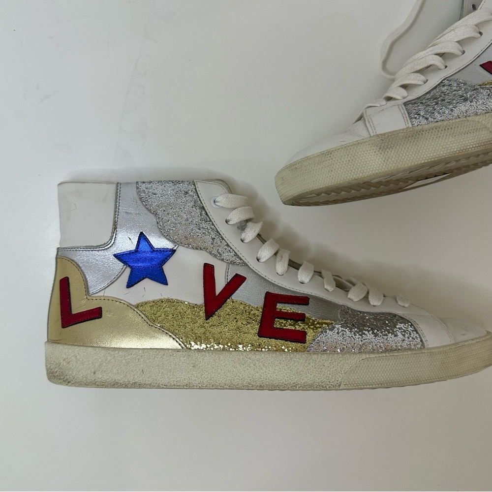 YSL Mid top sneaker with appliqué “Love” “Stars” and glitter panels 43.5 - Picture 2 of 12